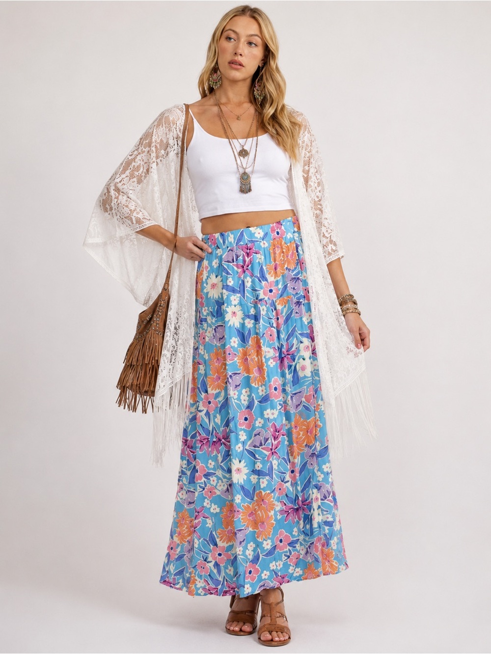 Promesa- Blue Floral Maxi Wrap Skirt with Orange & Pink Blooms various sizes - Picture 4 of 12